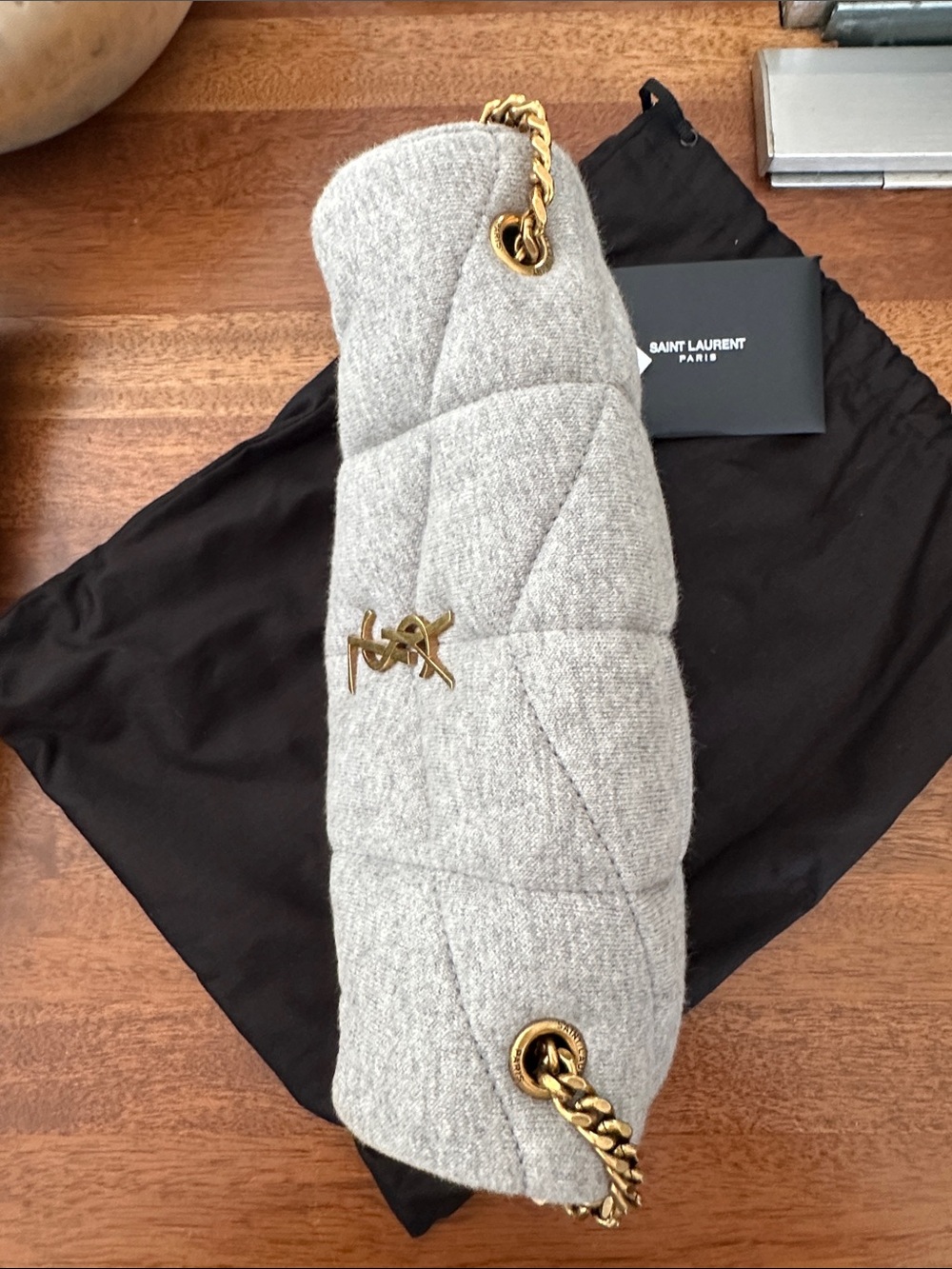 Saint Laurent LouLou Light Grey Quilted Crossbody with Gold YSL Emblem - Picture 6 of 12